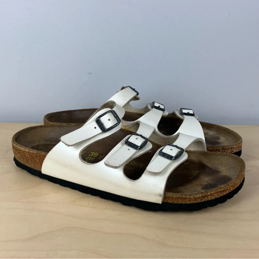 Birkenstock Women’s Size 39 / 8.0 Florida White Leather 3 Strap Cork Sandals - Picture 1 of 15
